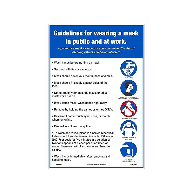 National Marker Vinyl Poster, "Guidelines for wearing a mask in public and at work," 18" x 12", White/Blue (PST145C) image 1