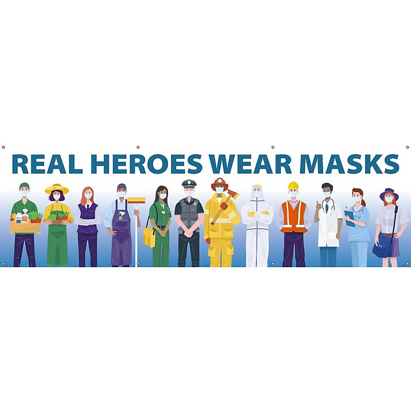 National Marker Vinyl Banner, "Real Heroes Wear Masks," 36" x 120", Multicolor (BT64) image 1