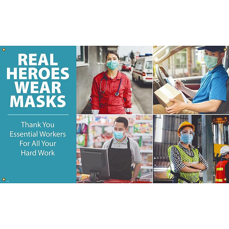 National Marker Vinyl Banner, "Real Heroes Wear Masks," 36" x 60", Multicolor (BT566) image 1