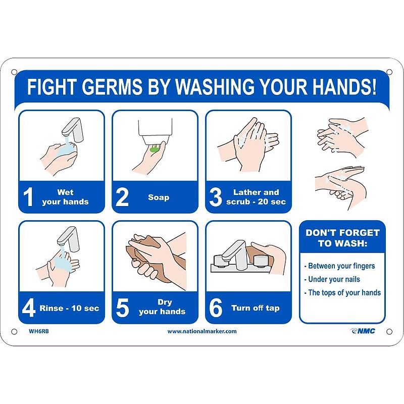 National Marker Wall Sign, "Fight Germs by Washing Your Hands!," Plastic, 10" x 14", Blue/White (WH6RB) image 1