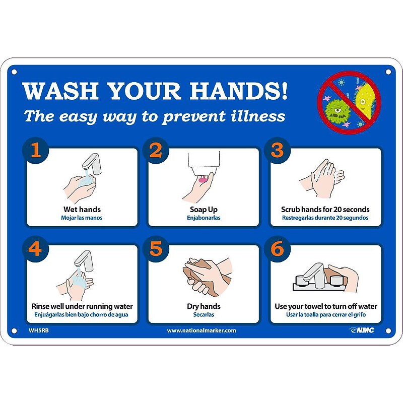 National Marker Wall Sign, "Wash Your Hands!," Plastic, 10" x 14", Blue/White (WH5RB) image 1