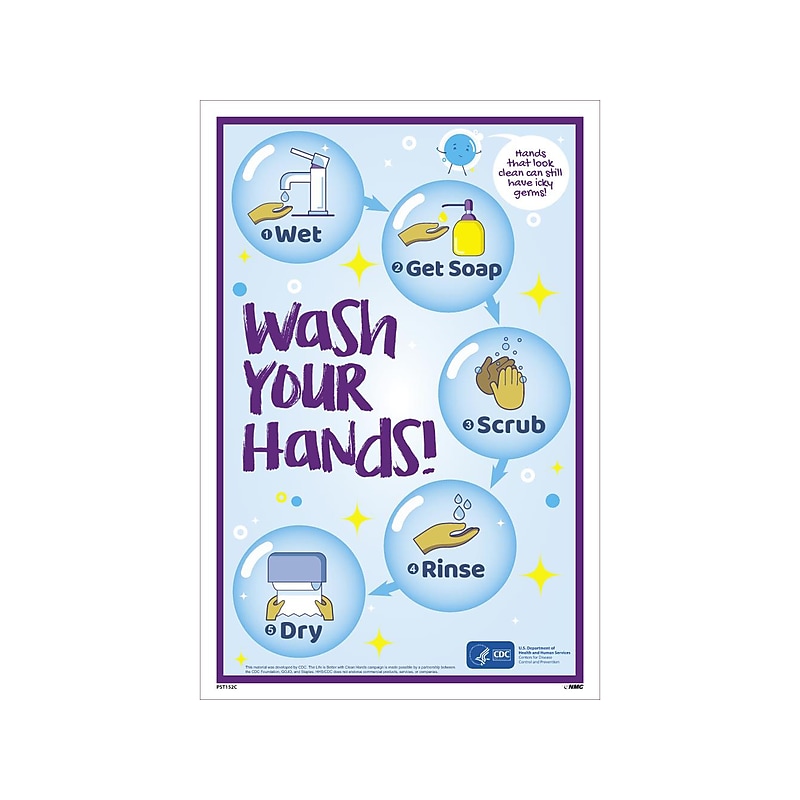 National Marker Vinyl Poster, "Wash Your Hands!," 18" x 12", Blue (PST152C) image 1