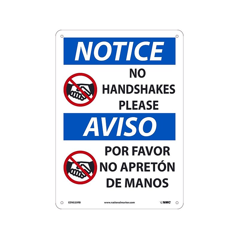 National Marker Wall Sign, "Notice: No Handshakes Please," Plastic, 14" x 10", White/Blue (ESN520RB) image 1