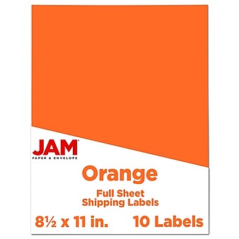 JAM Paper Shipping Labels, 8-1/2" x 11", Orange, 1 Label/Sheet, 10 Sheets/Pack (337628612)
