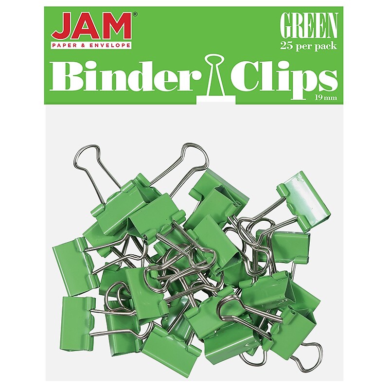 JAM Paper Colored Small Binder Clips, 3/8" Capacity, Green, 25/Pack (334BCGR) image 1