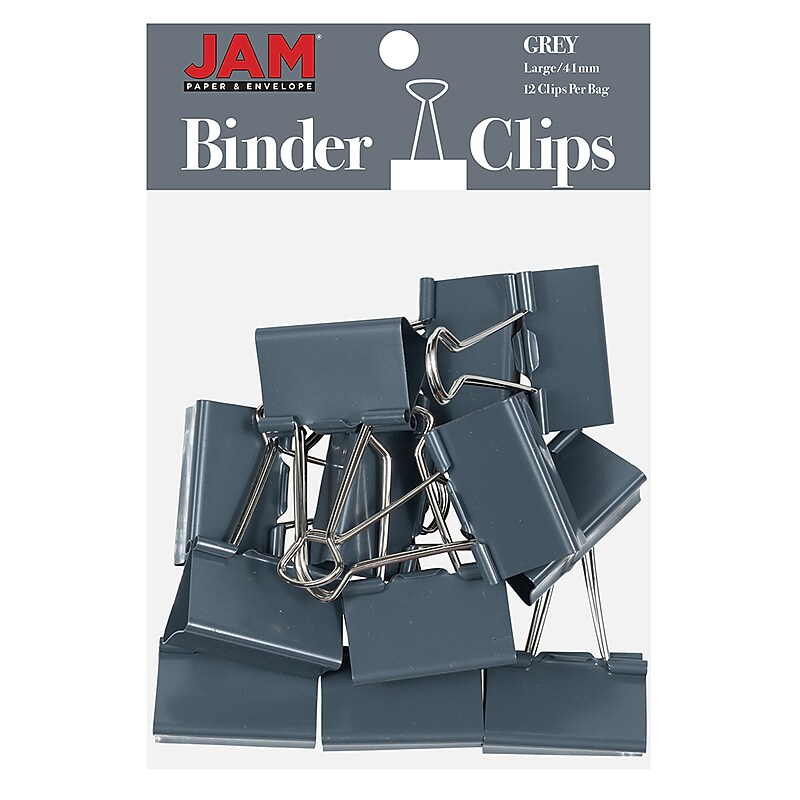 JAM Paper Large Binder Clips, 1" Capacity, Grey, 12 Clips/Pack (340BCGY) image 1