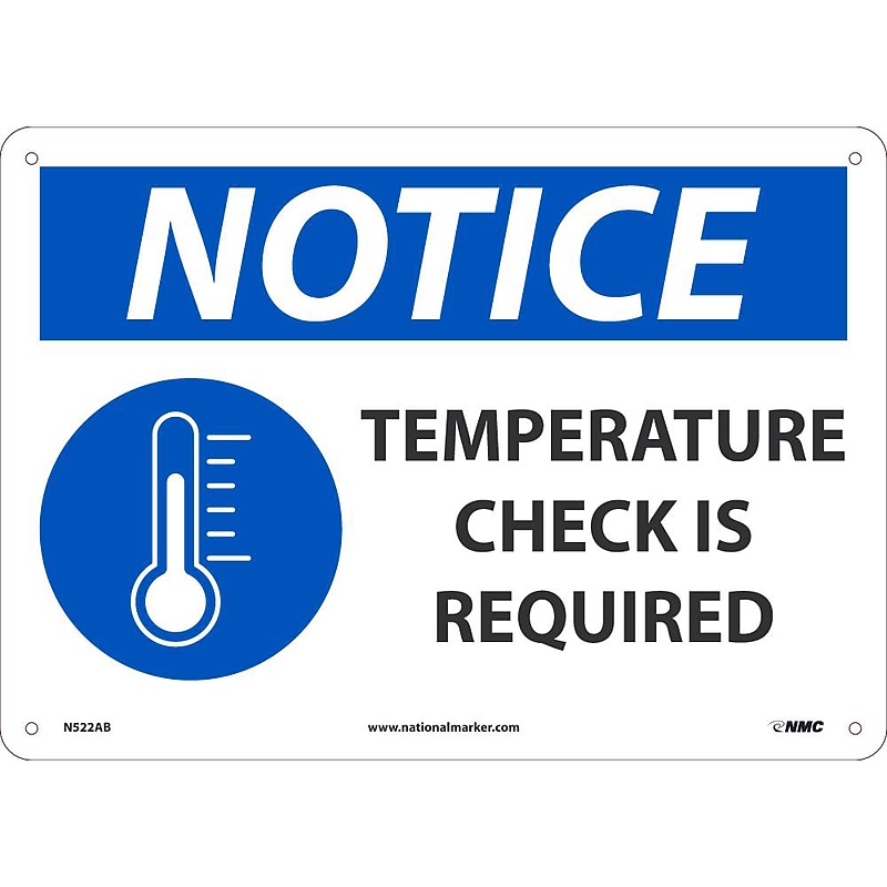 National Marker Wall Sign, "Notice: Temperature Check is Required," Aluminum, 14" x 10", Blue/White (N522AB) image 1