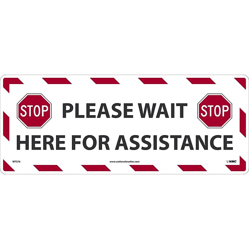 National Marker Walk-On™ Floor Decal, "Please Wait Here for Assistance," 8" x 20", White/Red/Black (WFS76) image 1