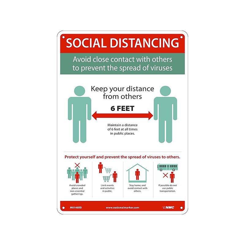 National Marker Wall Sign, "Social Distancing," Plastic, 14" x 10", Green/White/Red (M0148RB) image 1