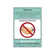 National Marker Wall Sign, "Welcome. Handshake-Free Zone," Plastic, 14" x 10", Green/White (M0146RB)