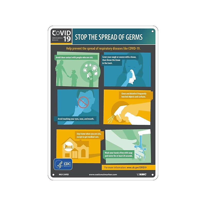 National Marker Wall Sign, "COVID-19 Stop the Spread of Germs," Plastic, 14" x 10", Multicolor (M0139RB) image 1