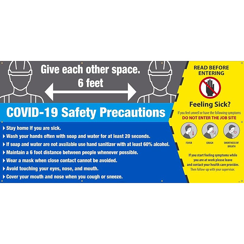 National Marker Mesh Banner, "COVID-19 Safety Precautions," 5' x 10', Gray/Blue/Yellow (BT562) image 1