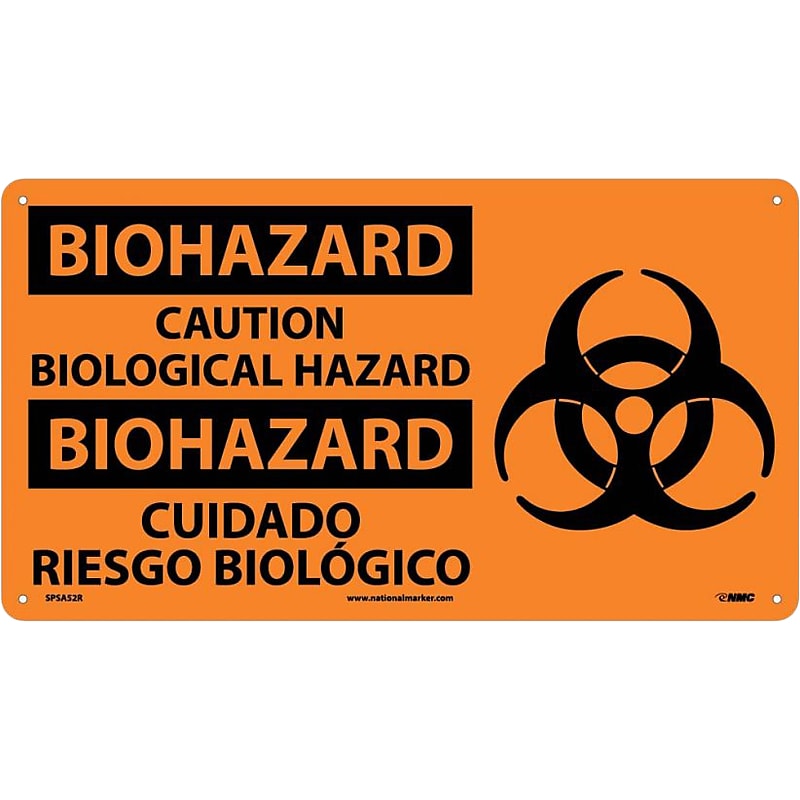 National Marker Wall Sign, "Biohazard: Caution Biological Hazard," Adhesive Vinyl, 10" x 18", Orange/Black (SPSA52R) image 1