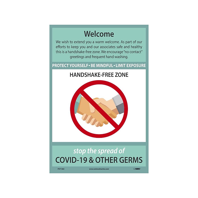 National Marker Vinyl Poster, "Welcome Handshake Free Zone," 18" x 12", Green/White (PST146C) image 1