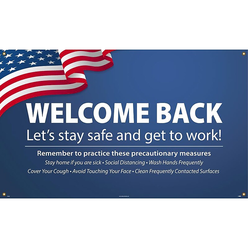 National Marker Vinyl Banner, "Welcome Back. Let's Stay Safe and Get to Work," 36" x 60", Blue/White/Red (BT569) image 1