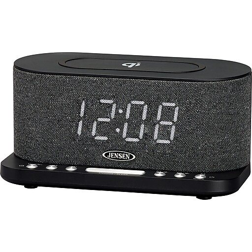 Jensen QICR50 Dual Alarm Clock Radio with Wireless Qi Charging, Black