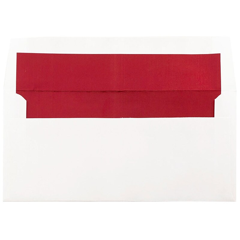 JAM PAPER 3 7/8 x 8 1/8 Foil Lined Invitation Envelopes, White with Red Foil, 50/Pack (71565I) image 1
