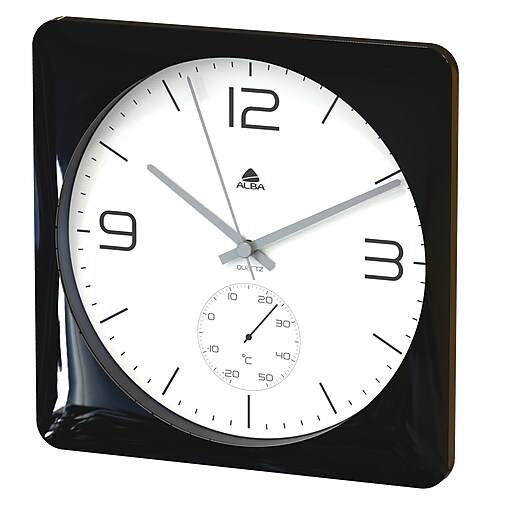 ALBA 12” Silent Black Glossy Square Clock with Temperature Guage