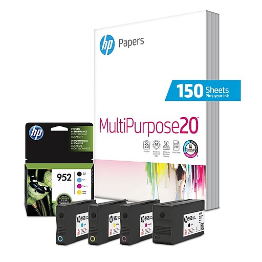 HP 952 Black/Cyan/Magenta/Yellow Ink Cartridges w/Paper, Standard Yield
