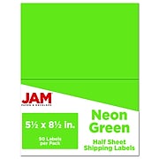 JAM Paper Shipping Labels, Half Page, 5 1/2" x 8 1/2", Neon Green, 50/Pack (359429626)