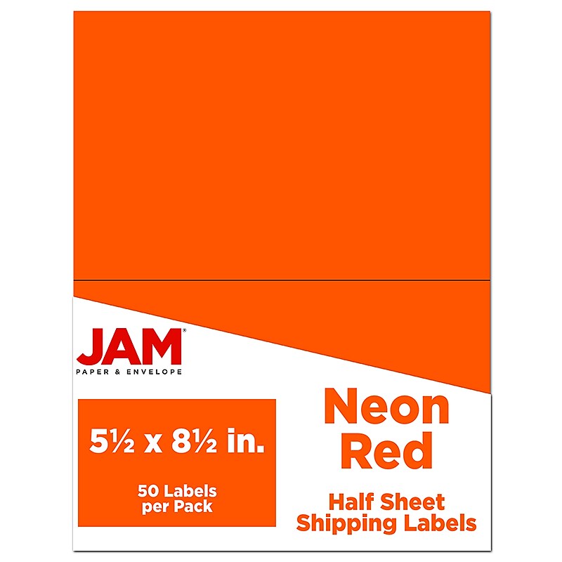 JAM Paper Shipping Labels, Half Page, 5 1/2" x 8 1/2", Neon Red,  2 Labels/Sheet, 25 Sheets/Pack (359429625) image 1
