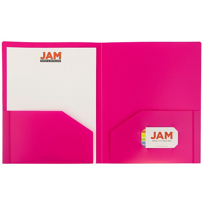 JAM Paper Heavy Duty Two-Pocket Plastic Folders, Fuchsia Pink, 6