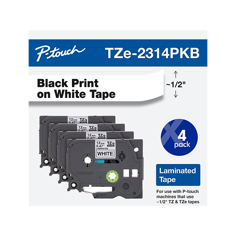 Brother P-touch TZe-231 Laminated Label Maker Tape, 1/2" x 26-2/10', Black on White, 4/Pack (TZe-2314PKB) image 1
