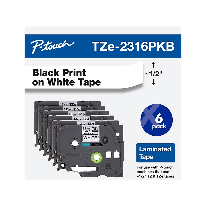 Brother P-touch TZe-231 Laminated Label Maker Tape, 1/2" x 26-2/10', Black on White, 6/Pack (TZe-2316PKB) image 1