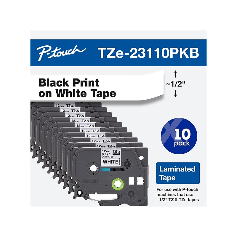 Brother P-touch TZe-231 Laminated Label Maker Tape, 1/2" x 26-2/10', Black on White, 10/Pack (TZe-23110PKB) image 1