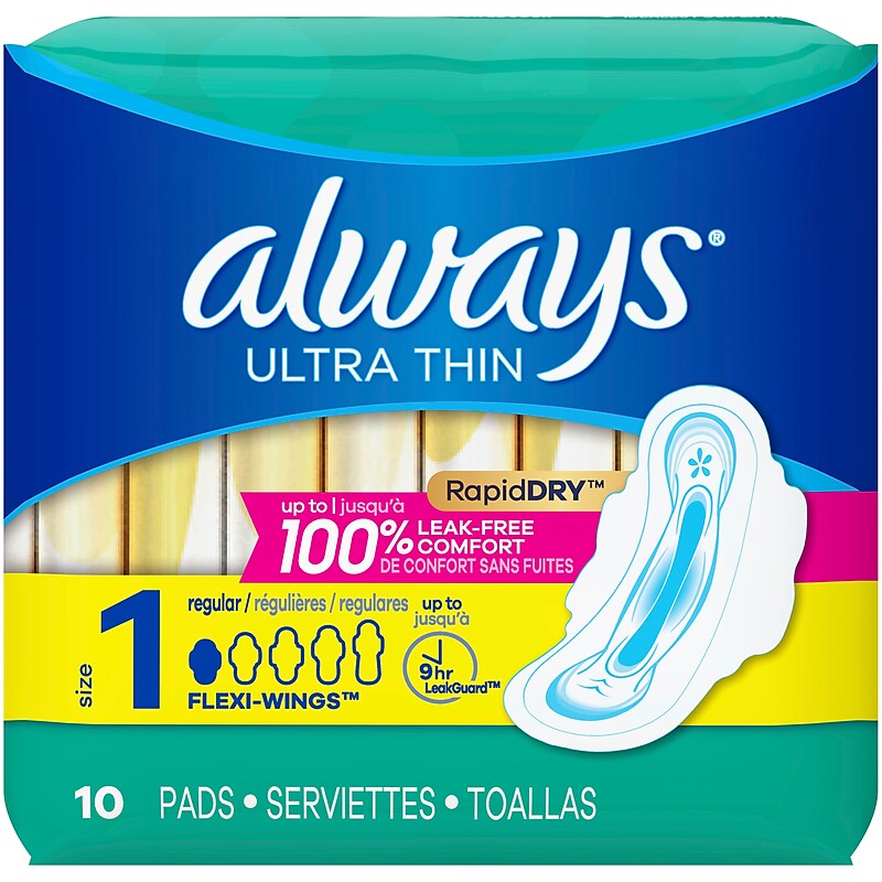 Always Ultra Thin Size 1 Regular Pads With Wings, Unscented, 10/Pack (34966) image 1