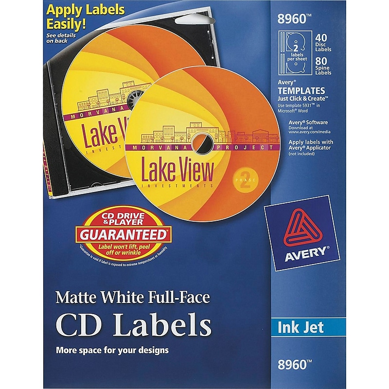 Avery Inkjet Media Labels, White Matte, 40 Disc and 80 Spine Labels/Pack (8960) image 1