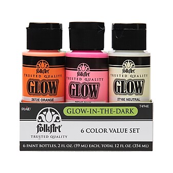 FolkArt Glow-in-the-Dark Non Washable Acrylic Paint Set, Assorted Colors, 2 oz., 6/Pack (7494E)