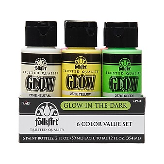 FolkArt Glow-in-the-Dark Non Washable Acrylic Paint Set, Assorted Colors, 2 oz., 6/Pack (7494E)