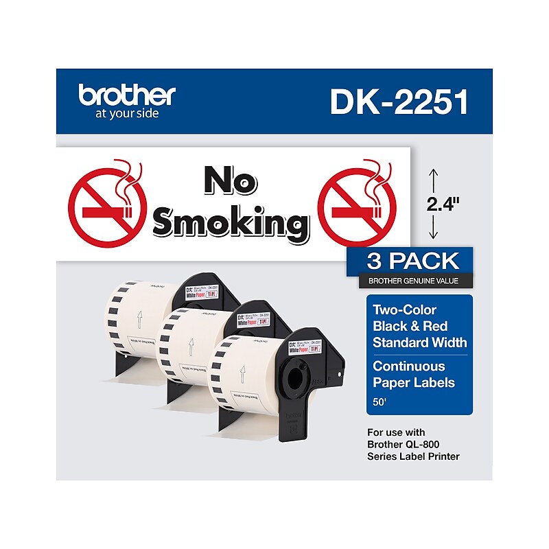 Brother DK-2251 Standard Width Continuous Paper Labels, 2-4/10" x 50', Black/Red on White, 3 Rolls/Box (DK-22513PK) image 1
