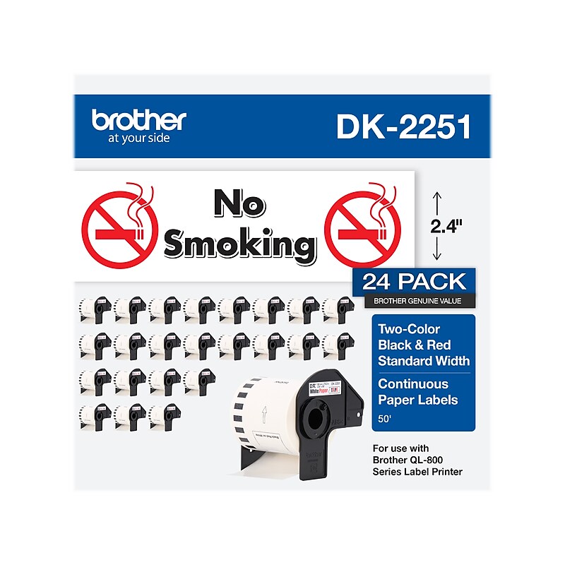 Brother DK-2251 Standard Width Continuous Paper Labels, 2-4/10" x 50', Black/Red on White, 24 Rolls/Box (DK-225124PK) image 1