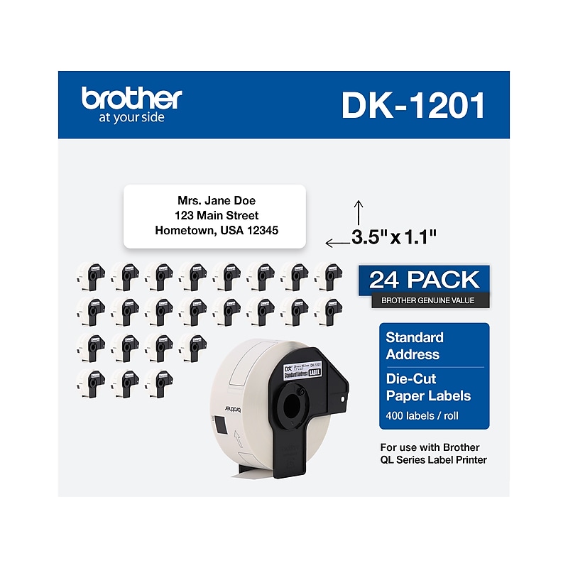 Brother DK-1201 Standard Address Paper Labels, 3-1/2" x 1-1/10", Black on White, 400 Labels/Roll, 24 Rolls/Box (DK-1201) image 1