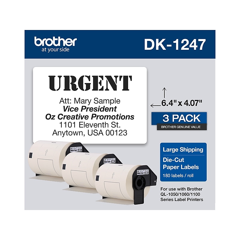 Brother DK-1247 Large Shipping Paper Labels, 6-4/10" x 4-7/100", Black on White, 180 Labels/Roll, 3 Rolls/Box (DK-12473PK) image 1