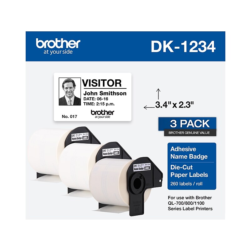 Brother DK-1234 Adhesive Name Badge Paper Labels, 3-4/10" x 2-3/10", Black on White, 260 Labels/Roll, 3 Rolls/Box (DK-12343PK) image 1