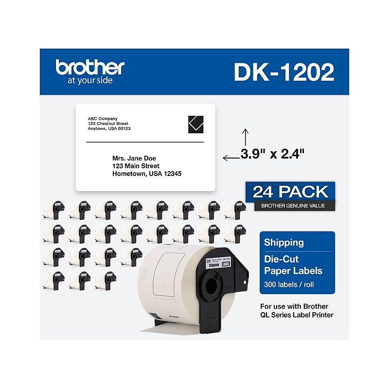 Brother DK-1202 Shipping Paper Labels, 3-9/10" x 2-4/10", Black on White, 300 Labels/Roll, 24 Rolls/Pack (DK-120224PK) image 1