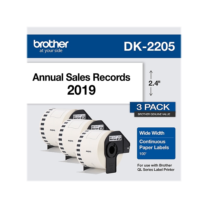 Brother DK-2205 Wide Width Continuous Paper Labels, 2-4/10" x 100', Black on White, 3 Rolls/Box (DK-22053PK) image 1