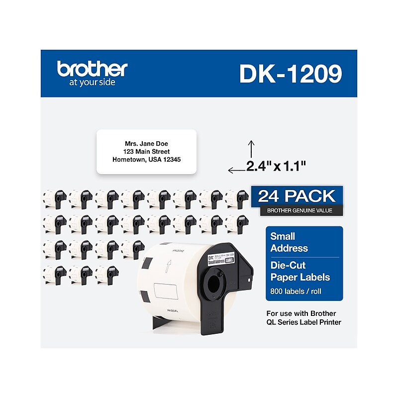 Brother DK-1209 Small Address Paper Labels, 2-4/10" x 1-1/10", Black on White, 800 Labels/Roll, 24 Rolls/Pack (DK-120924PK) image 1