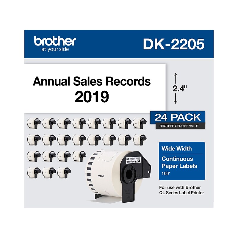 Brother DK-2205 Wide Width Continuous Paper Labels, 2-4/10" x 100', Black on White, 24 Rolls/Box (DK-220524PK) image 1