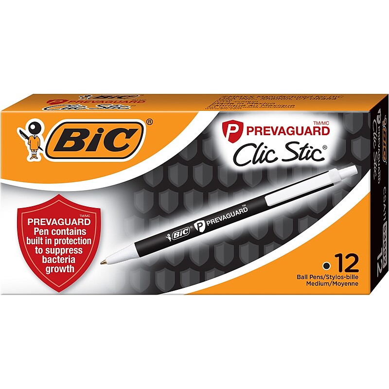 BIC PrevaGuard Clic Stic Retractable Ballpoint Pen, Medium Point, Black Ink, 12/Pack (CSA11-BLK) image 1